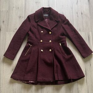GUESS Burgundy Double-Breasted Flared Coat with Gold Buttons
